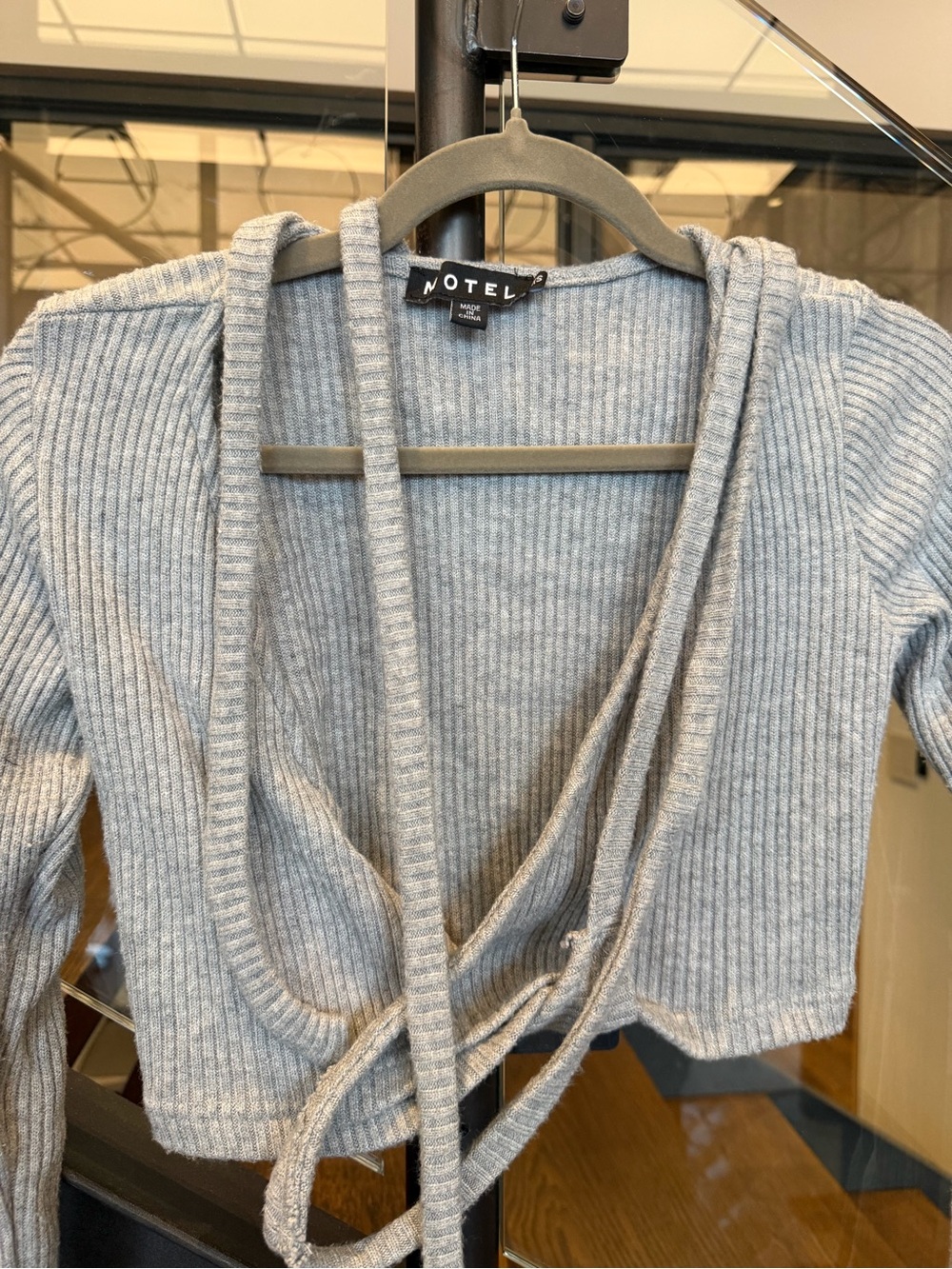 Motel Rocks Light Gray Ribbed Cropped Wrap Top - Picture 2 of 6